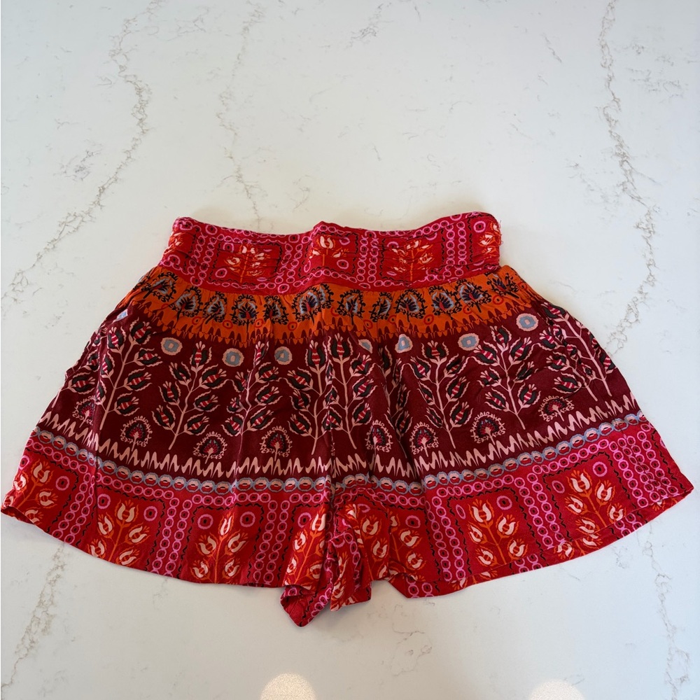 Anthropologie Red and Orange Printed High-Waist Shorts